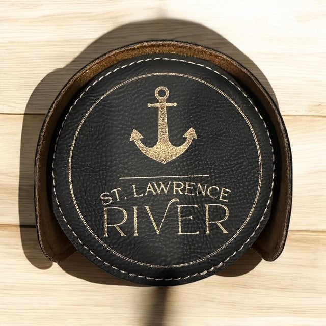River Round Coasters Black with Gold Engraving