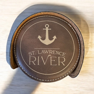 River Round Coasters Brown with Gold Engraving