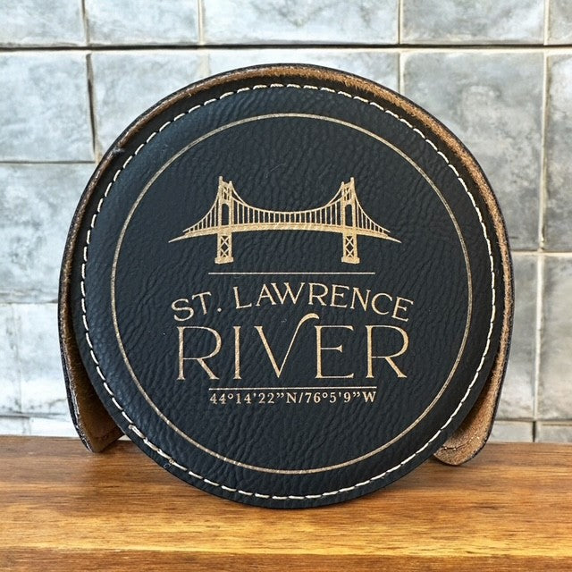 River Round Coasters Black with Gold Engraving